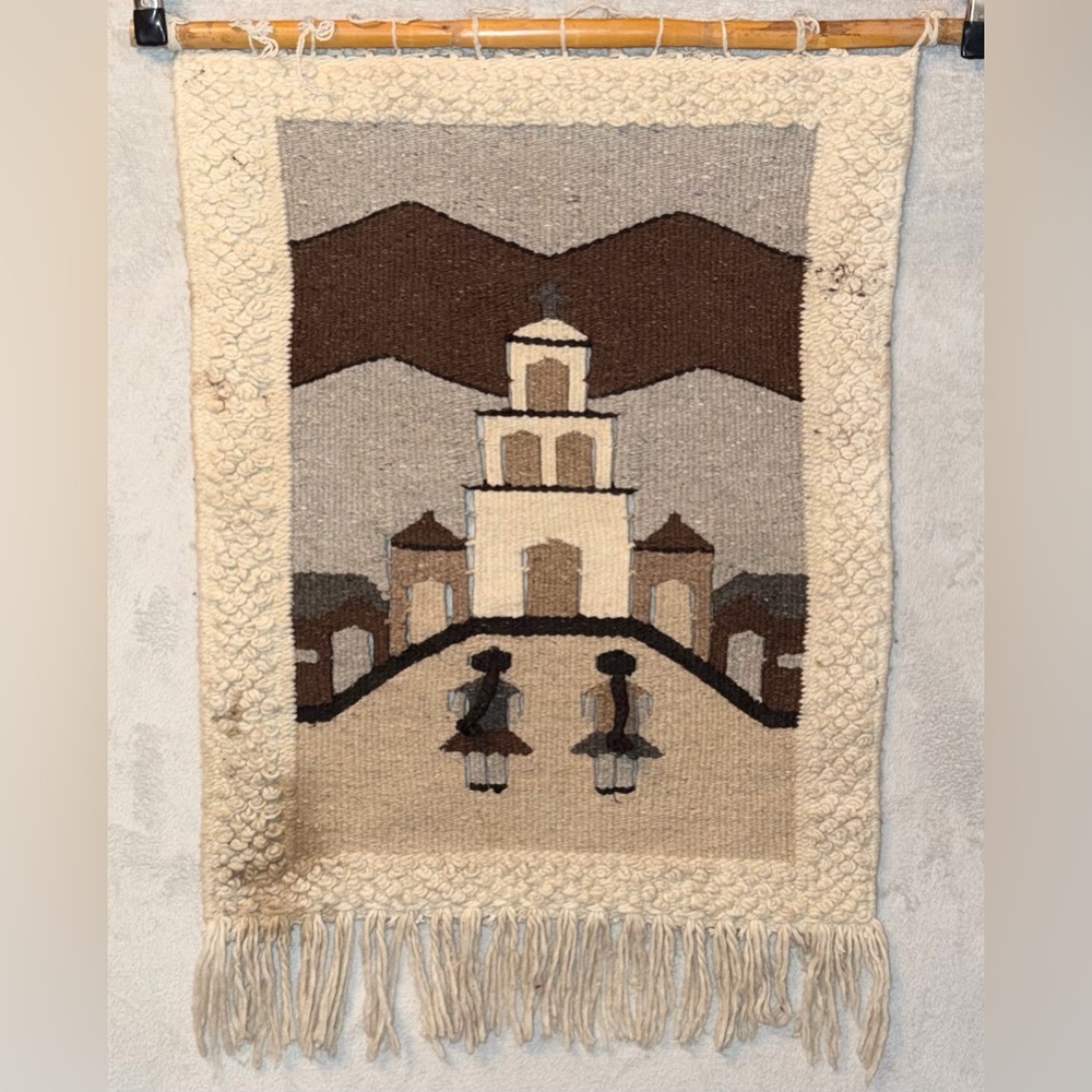 Woven Wool Southwest Spanish Mission Wall Hanging Weaving Vintage 41"x28" FLAW
